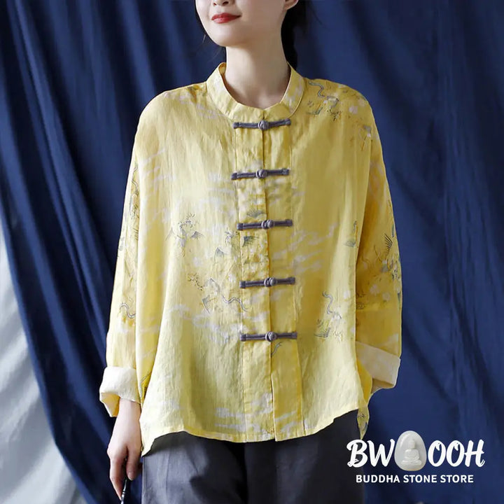 Buddha Stones Yellow Phoenix Print Frog-button Design Long Sleeve Ramie Linen Jacket Shirt - Women’s Shirts