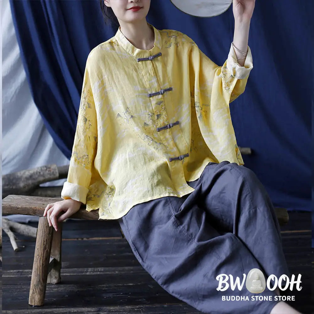 Buddha Stones Yellow Phoenix Print Frog-button Design Long Sleeve Ramie Linen Jacket Shirt - Women’s Shirts