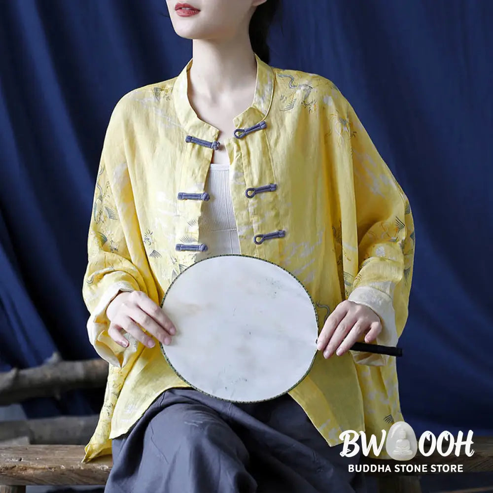 Buddha Stones Yellow Phoenix Print Frog-button Design Long Sleeve Ramie Linen Jacket Shirt - Women’s Shirts