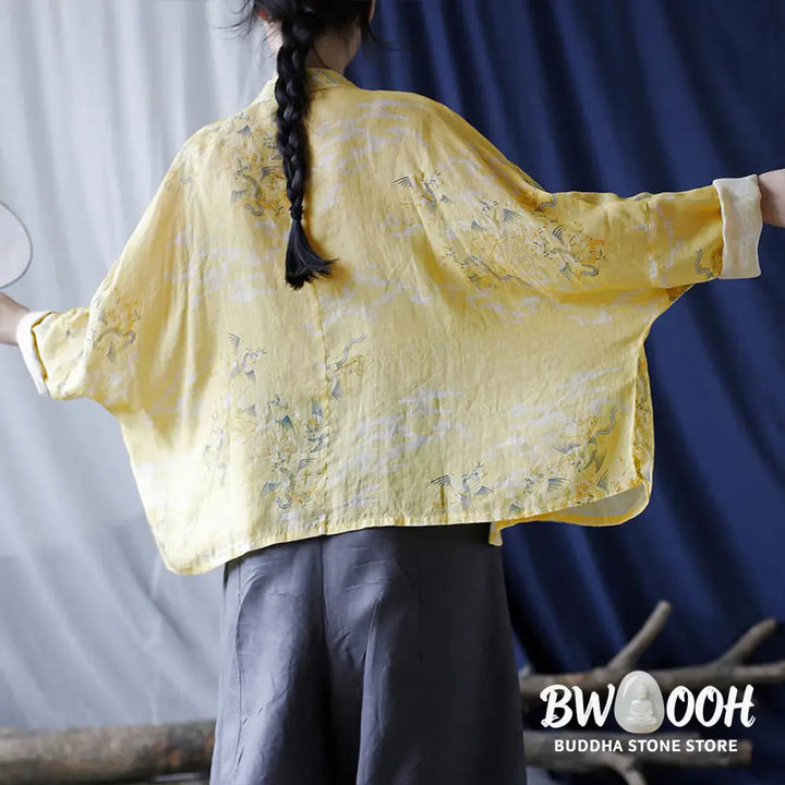 Buddha Stones Yellow Phoenix Print Frog-button Design Long Sleeve Ramie Linen Jacket Shirt - Women’s Shirts