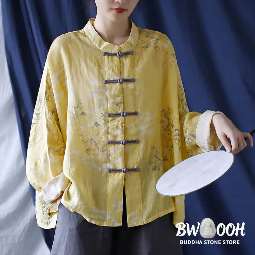 Buddha Stones Yellow Phoenix Print Frog-button Design Long Sleeve Ramie Linen Jacket Shirt - Women’s Shirts