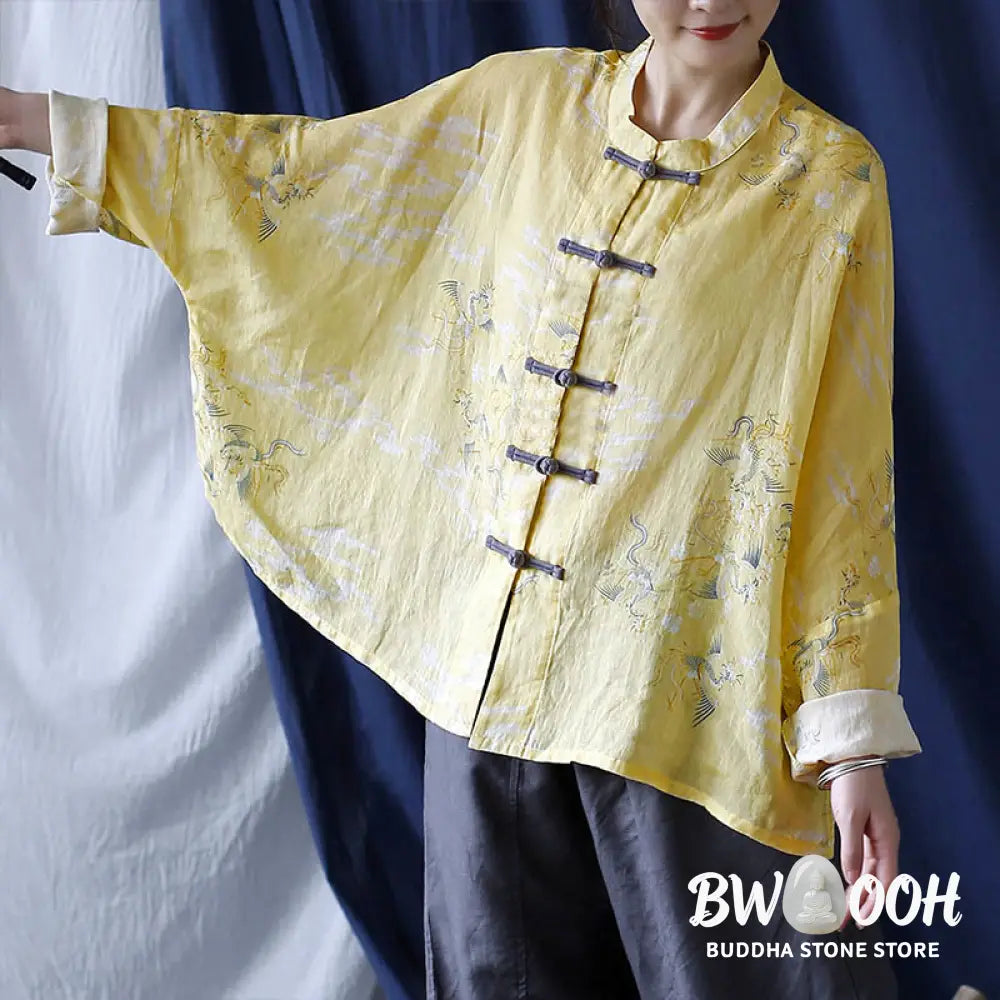 Buddha Stones Yellow Phoenix Print Frog-button Design Long Sleeve Ramie Linen Jacket Shirt - Women’s Shirts