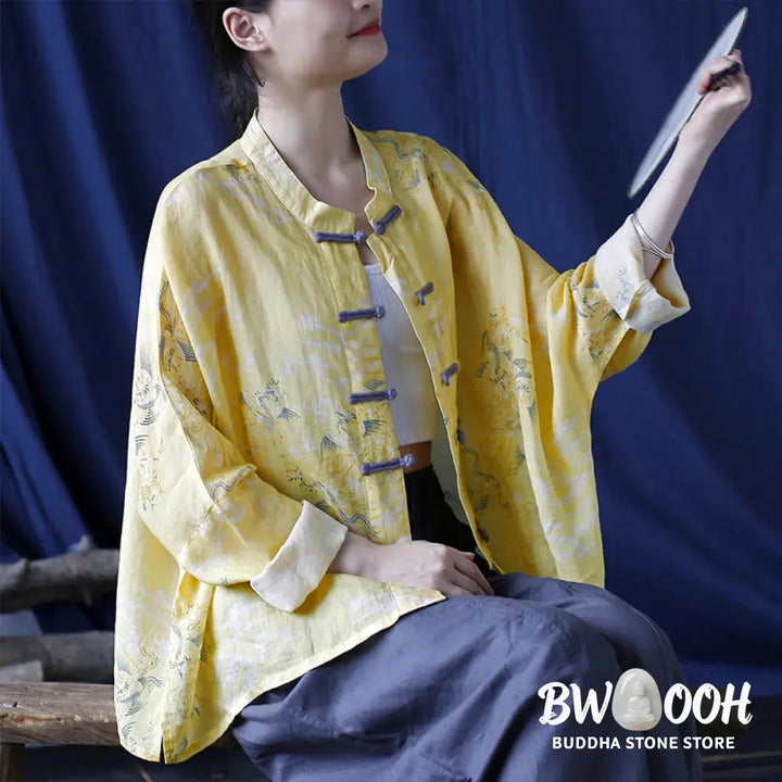 Buddha Stones Yellow Phoenix Print Frog-button Design Long Sleeve Ramie Linen Jacket Shirt - Women’s Shirts