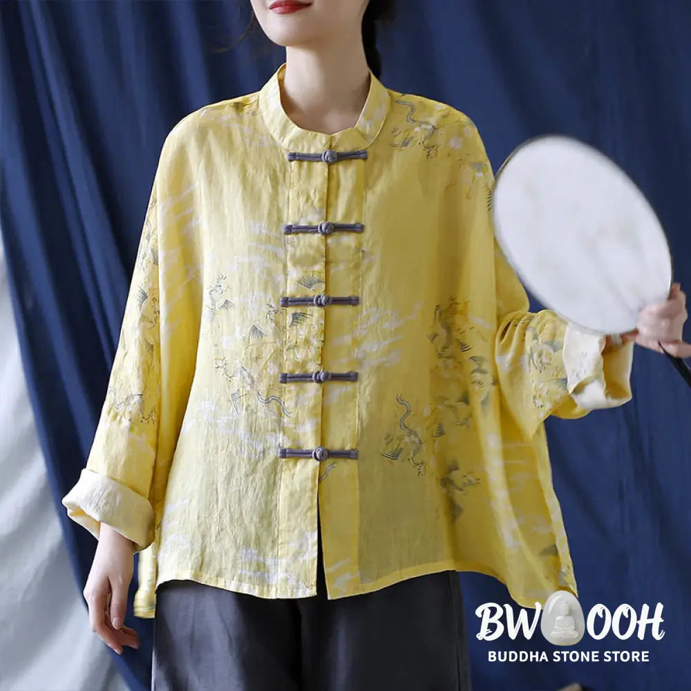 Buddha Stones Yellow Phoenix Print Frog-button Design Long Sleeve Ramie Linen Jacket Shirt - Women’s Shirts