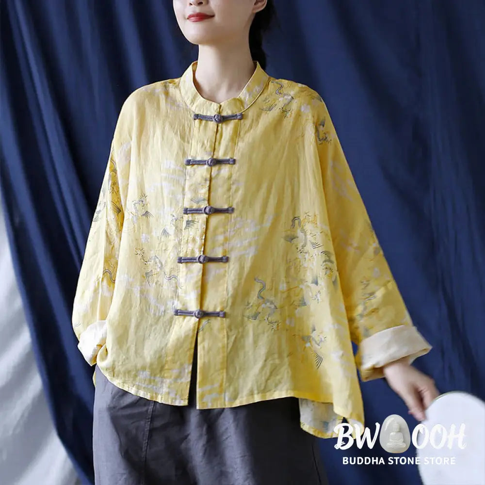 Buddha Stones Yellow Phoenix Print Frog-button Design Long Sleeve Ramie Linen Jacket Shirt - Women’s Shirts