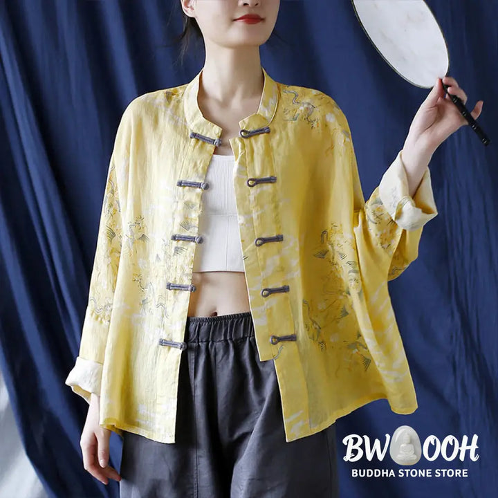 Buddha Stones Yellow Phoenix Print Frog-button Design Long Sleeve Ramie Linen Jacket Shirt - Women’s Shirts