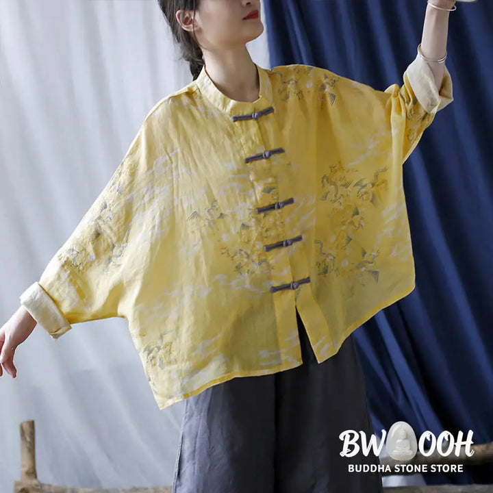 Buddha Stones Yellow Phoenix Print Frog-button Design Long Sleeve Ramie Linen Jacket Shirt - Women’s Shirts