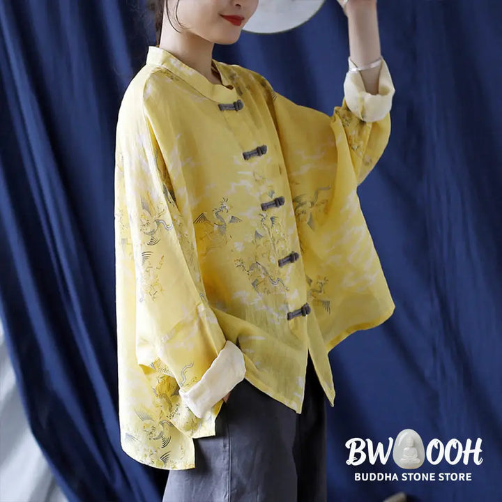 Buddha Stones Yellow Phoenix Print Frog-button Design Long Sleeve Ramie Linen Jacket Shirt - Women’s Shirts