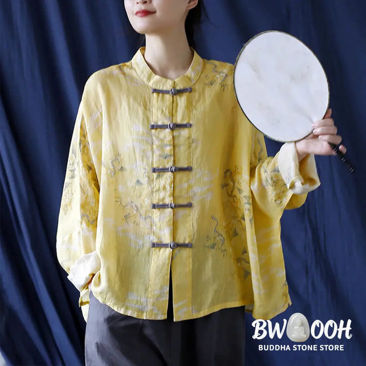 Buddha Stones Yellow Phoenix Print Frog-button Design Long Sleeve Ramie Linen Jacket Shirt - Women’s Shirts