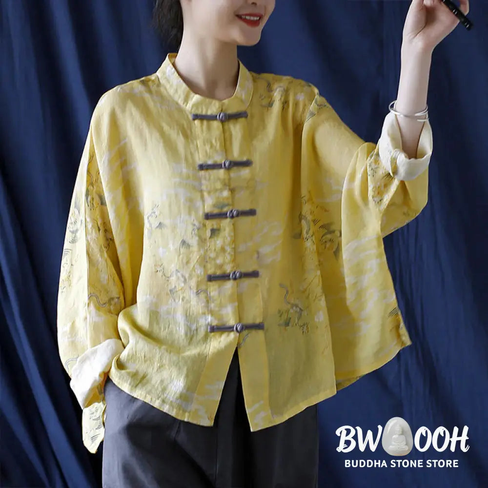 Buddha Stones Yellow Phoenix Print Frog-button Design Long Sleeve Ramie Linen Jacket Shirt - Women’s Shirts