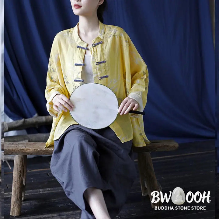 Buddha Stones Yellow Phoenix Print Frog-button Design Long Sleeve Ramie Linen Jacket Shirt - Women’s Shirts