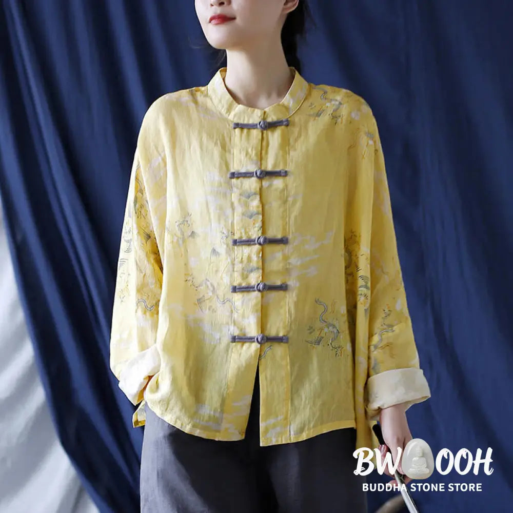 Buddha Stones Yellow Phoenix Print Frog-button Design Long Sleeve Ramie Linen Jacket Shirt - Women’s Shirts