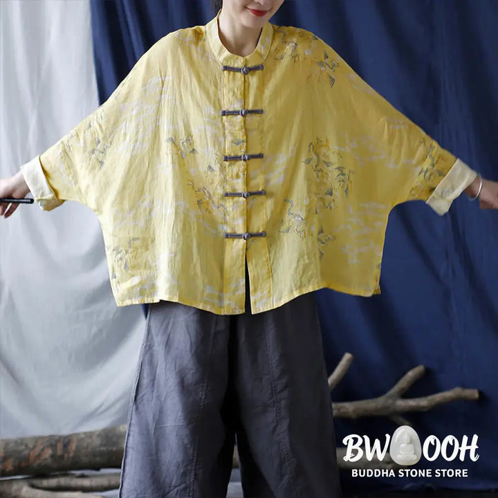 Buddha Stones Yellow Phoenix Print Frog-button Design Long Sleeve Ramie Linen Jacket Shirt - Women’s Shirts