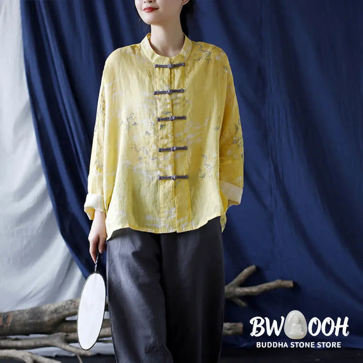 Buddha Stones Yellow Phoenix Print Frog-button Design Long Sleeve Ramie Linen Jacket Shirt - Women’s Shirts