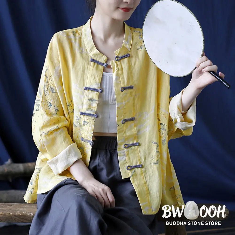 Buddha Stones Yellow Phoenix Print Frog-button Design Long Sleeve Ramie Linen Jacket Shirt - Women’s Shirts