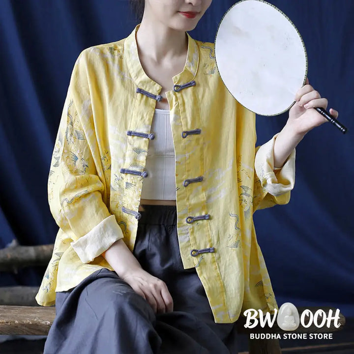 Buddha Stones Yellow Phoenix Print Frog-button Design Long Sleeve Ramie Linen Jacket Shirt - Women’s Shirts