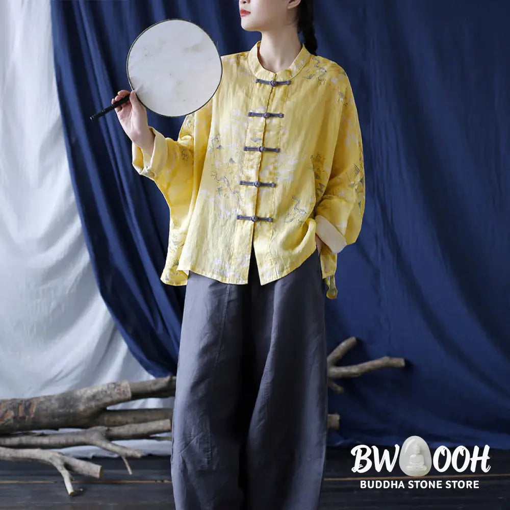 Buddha Stones Yellow Phoenix Print Frog-button Design Long Sleeve Ramie Linen Jacket Shirt - Women’s Shirts