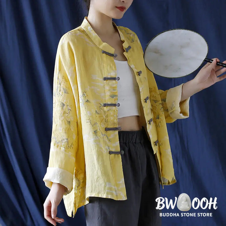 Buddha Stones Yellow Phoenix Print Frog-button Design Long Sleeve Ramie Linen Jacket Shirt - Women’s Shirts