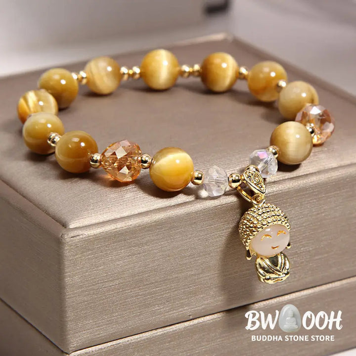 Buddha Stones Yellow Tiger Eye Meditation Buddha Protection Bracelet - BWOOOH - Tiger Eye(Wrist Circumference 14-17cm)