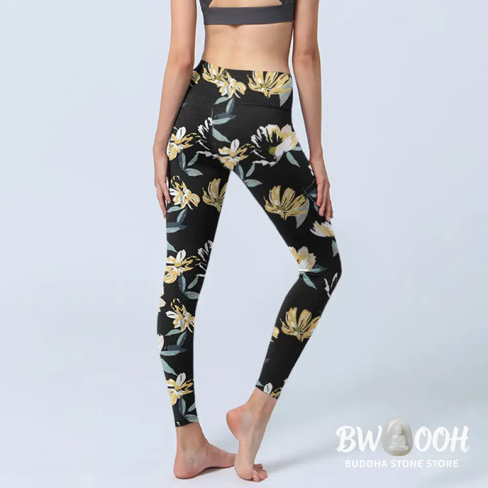 BWOOOH printed yoga leggings - Yellow White Flower Pattern Print Gym Le