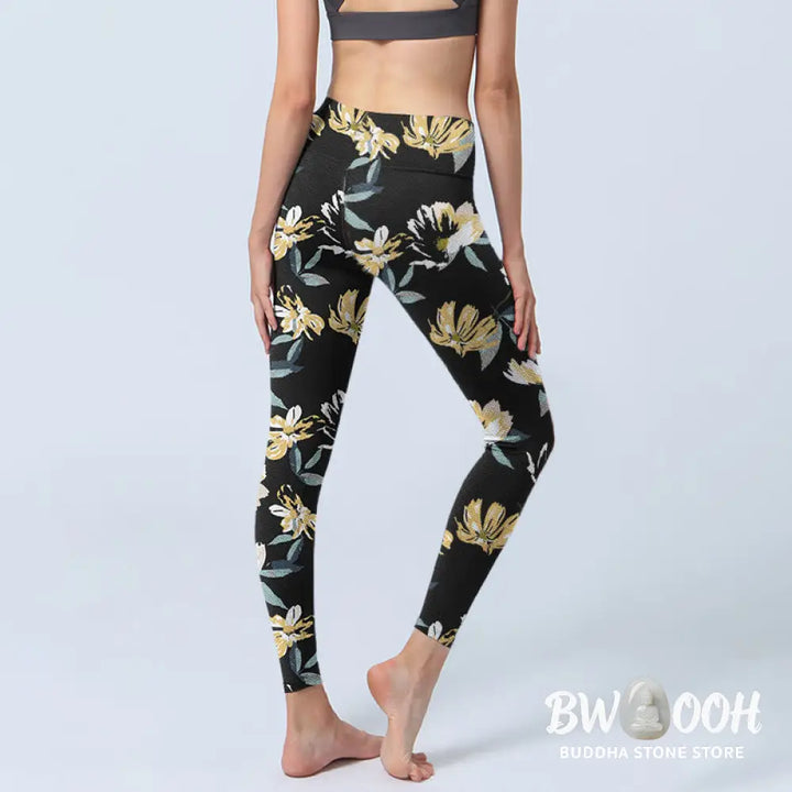 BWOOOH printed yoga leggings - Yellow White Flower Pattern Print Gym Le