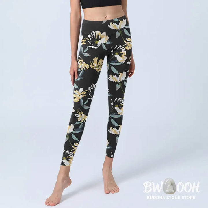 BWOOOH printed yoga leggings - Yellow White Flower Pattern Print Gym Le