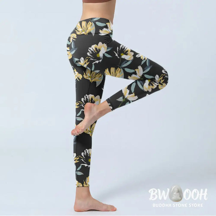 BWOOOH printed yoga leggings - Yellow White Flower Pattern Print Gym Le