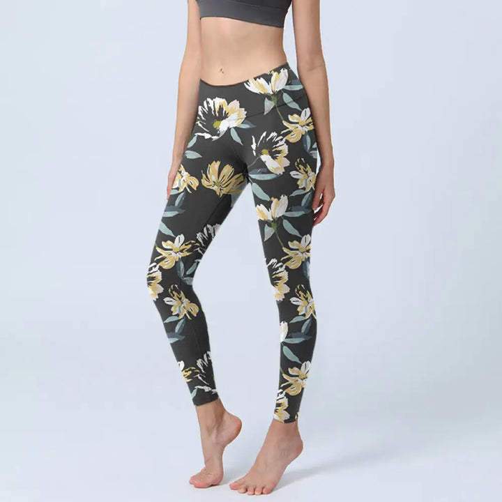 BWOOOH printed yoga leggings - Yellow White Flower Pattern Print Gym Le