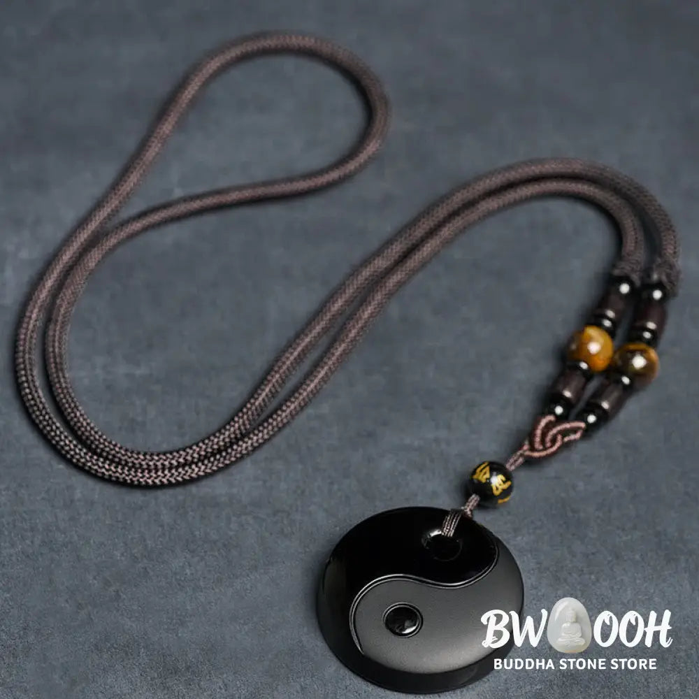 Buddha Stones Yin Yang Symbol Om Mani Padme Hum Black Obsidian Strength Necklace Pendant - BWOOOH - Black