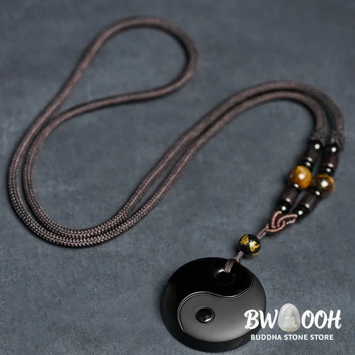 Buddha Stones Yin Yang Symbol Om Mani Padme Hum Black Obsidian Strength Necklace Pendant - BWOOOH - Black