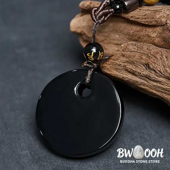 Buddha Stones Yin Yang Symbol Om Mani Padme Hum Black Obsidian Strength Necklace Pendant - BWOOOH - Black
