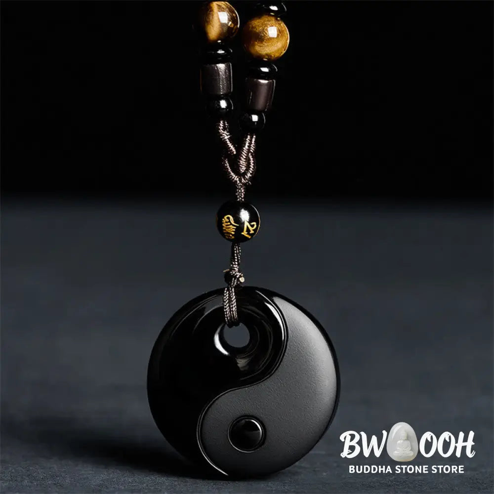 Buddha Stones Yin Yang Symbol Om Mani Padme Hum Black Obsidian Strength Necklace Pendant - BWOOOH - Black