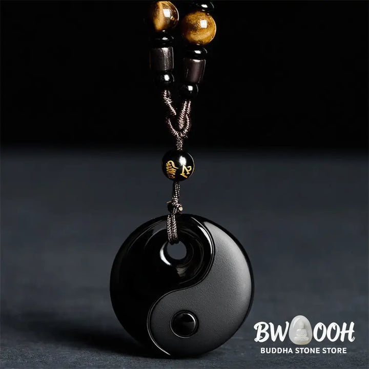 Buddha Stones Yin Yang Symbol Om Mani Padme Hum Black Obsidian Strength Necklace Pendant - BWOOOH - Black