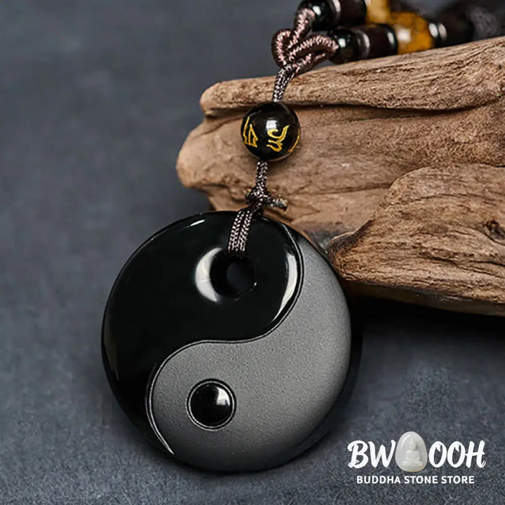 Buddha Stones Yin Yang Symbol Om Mani Padme Hum Black Obsidian Strength Necklace Pendant - BWOOOH - Black