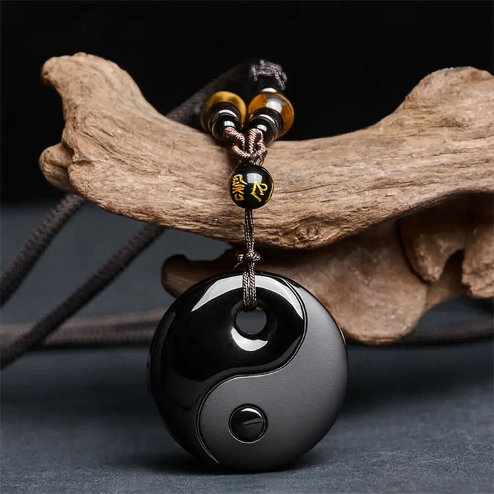 Buddha Stones Yin Yang Symbol Om Mani Padme Hum Black Obsidian Strength Necklace Pendant - BWOOOH - Black
