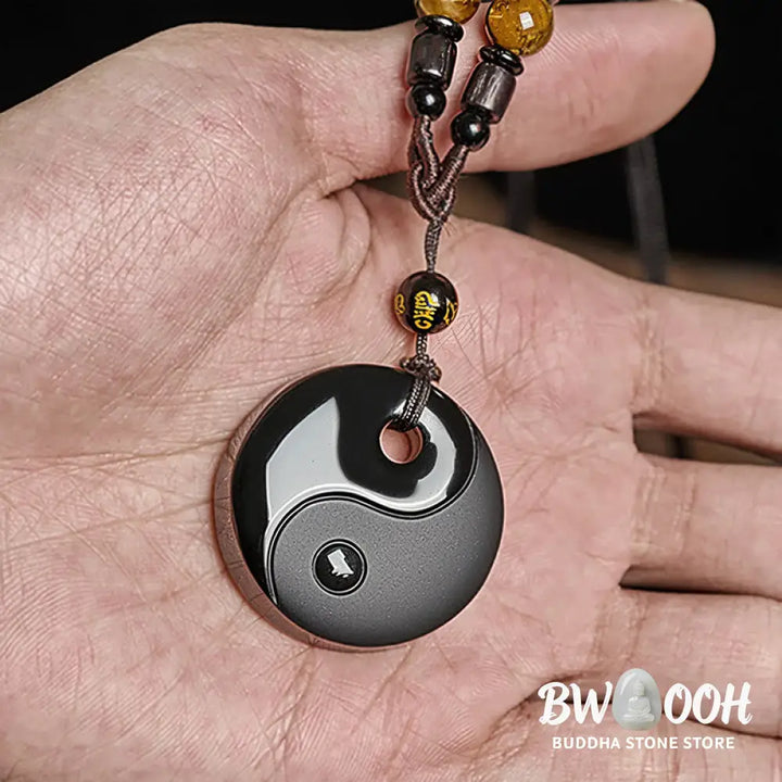 Buddha Stones Yin Yang Symbol Om Mani Padme Hum Black Obsidian Strength Necklace Pendant - BWOOOH - Black