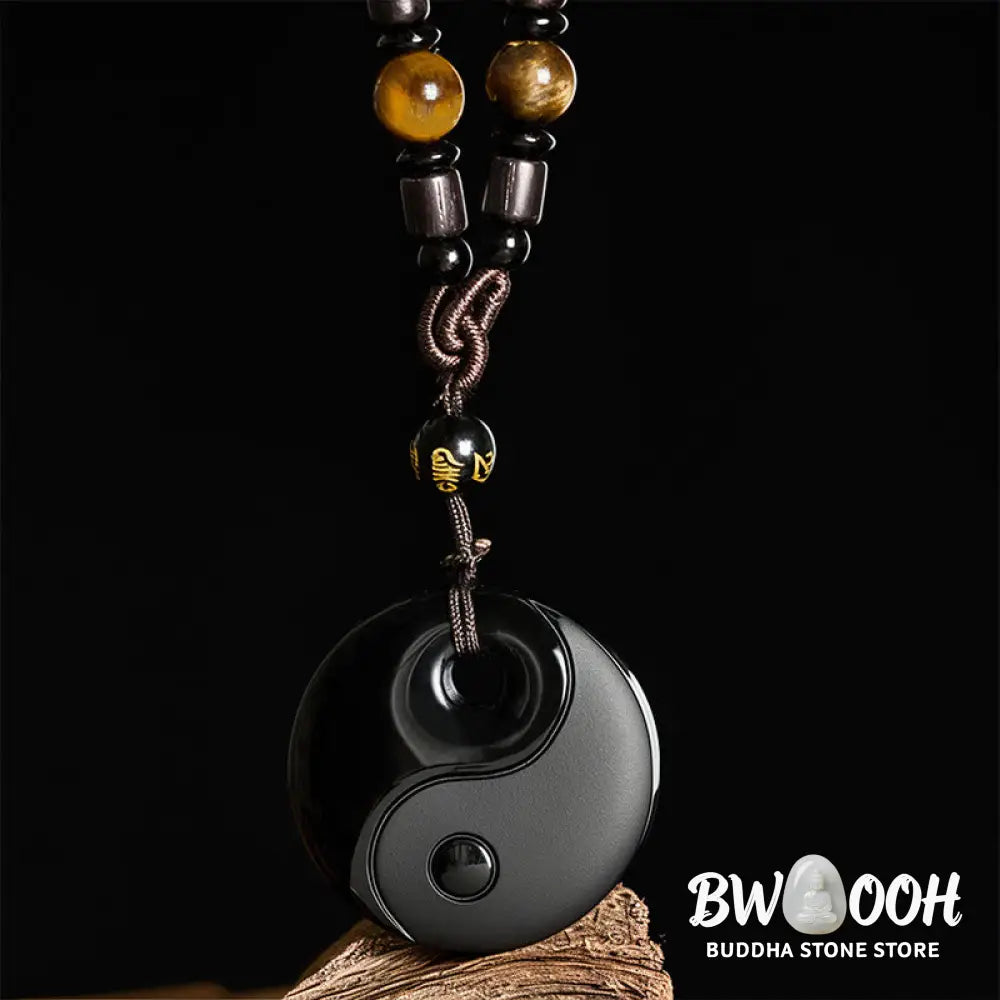Buddha Stones Yin Yang Symbol Om Mani Padme Hum Black Obsidian Strength Necklace Pendant - BWOOOH - Black