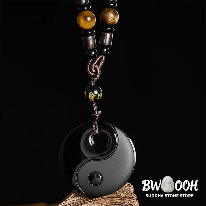 Buddha Stones Yin Yang Symbol Om Mani Padme Hum Black Obsidian Strength Necklace Pendant - BWOOOH - Black