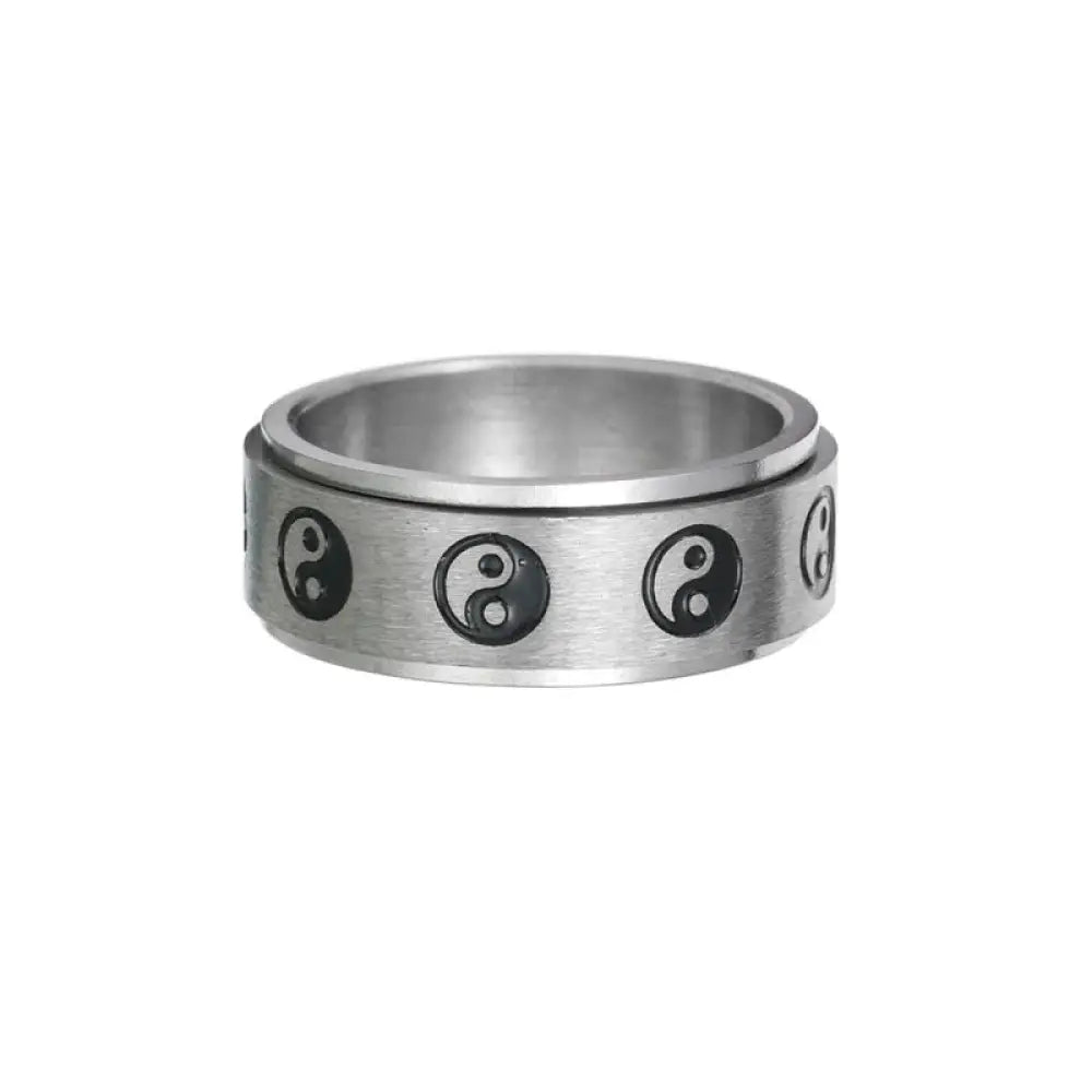 Buddha Stones Yin Yang Titanium Steel Balance Rotatable Ring - BWOOOH - Silver / US6 - Ring