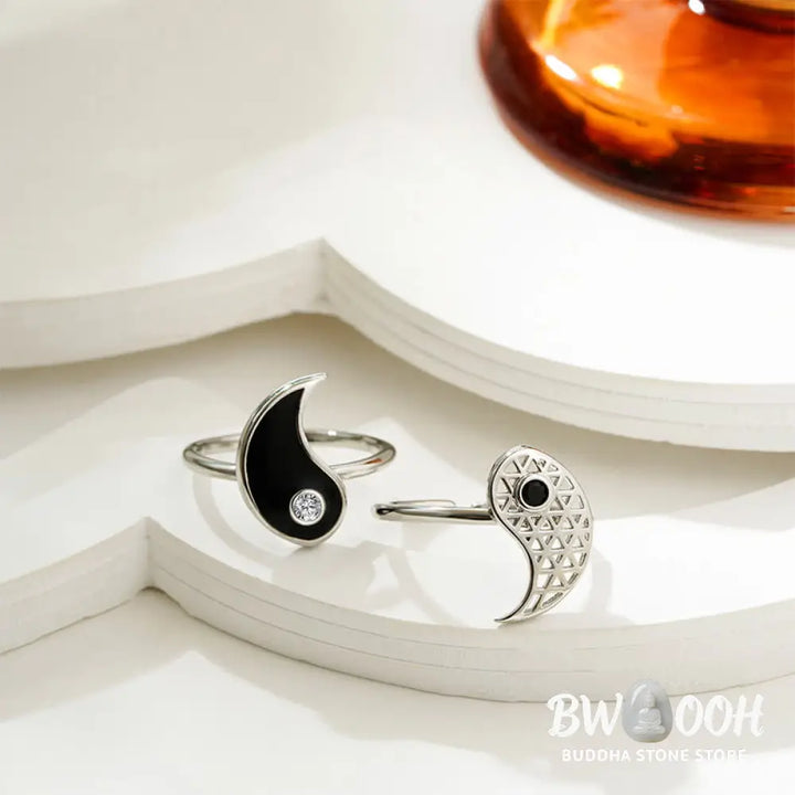 Buddha Stones Yin Yang Titanium Steel Cuff Balance Couple Ring - Titanium Steel - Ring