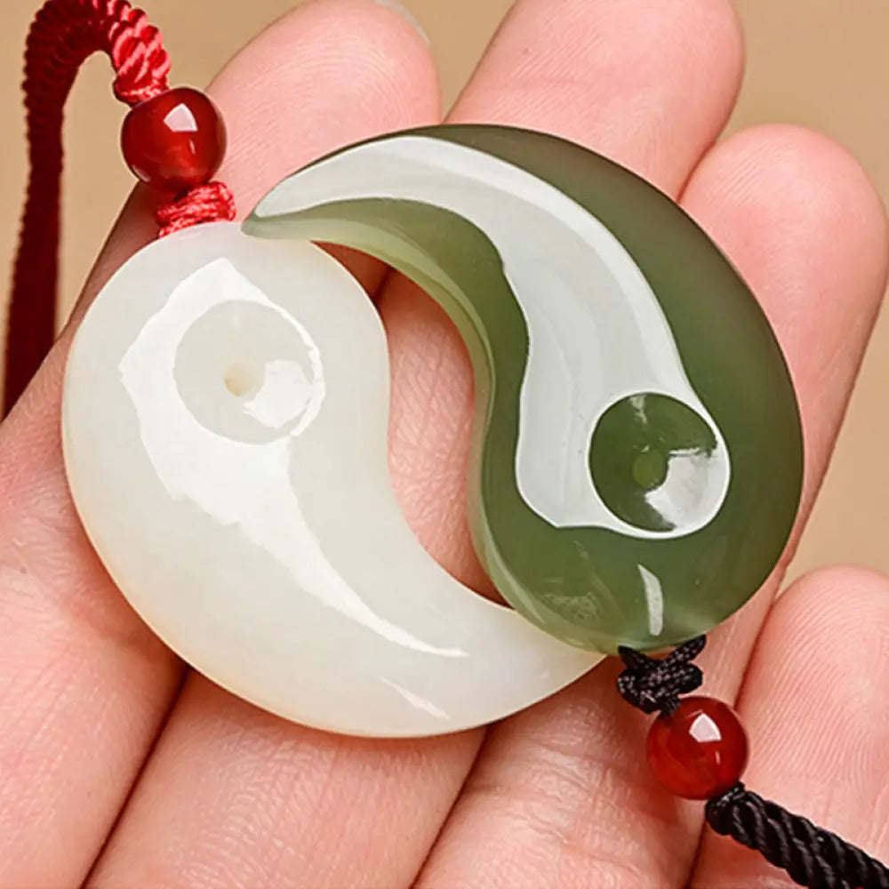 Buddha Stones Yin Yang White Jade Cyan Jade Protection Blessing Necklace String Pendant - BWOOOH - Cyan Jade&amp;White Jade