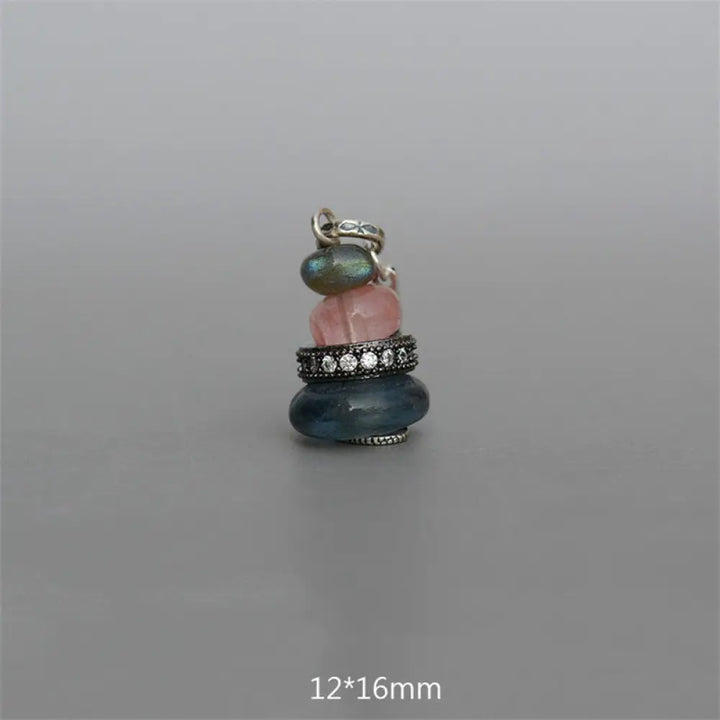 Buddha Stones Zen Cairn Labradorite Various Crystals Calm Pendant Necklace - BWOOOH - Black Glitter Stone&amp;Pink