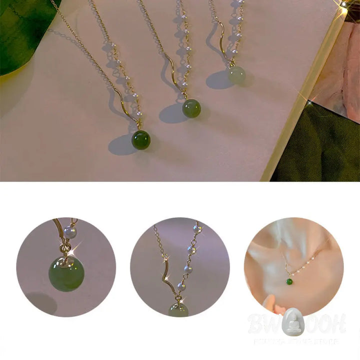 Buddha StonesNatural Hetian Jade Pearl Luck Bead Necklace Pendant - BWOOOH - Hetian Jade(Prosperity♥Abundance)
