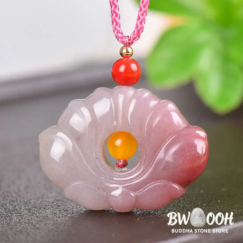 Buddha StonesPink Golden Silk Jade Lotus Flower Wealth Necklace Pendant - BWOOOH - Pink Golden Silk Jade - Necklaces &amp;