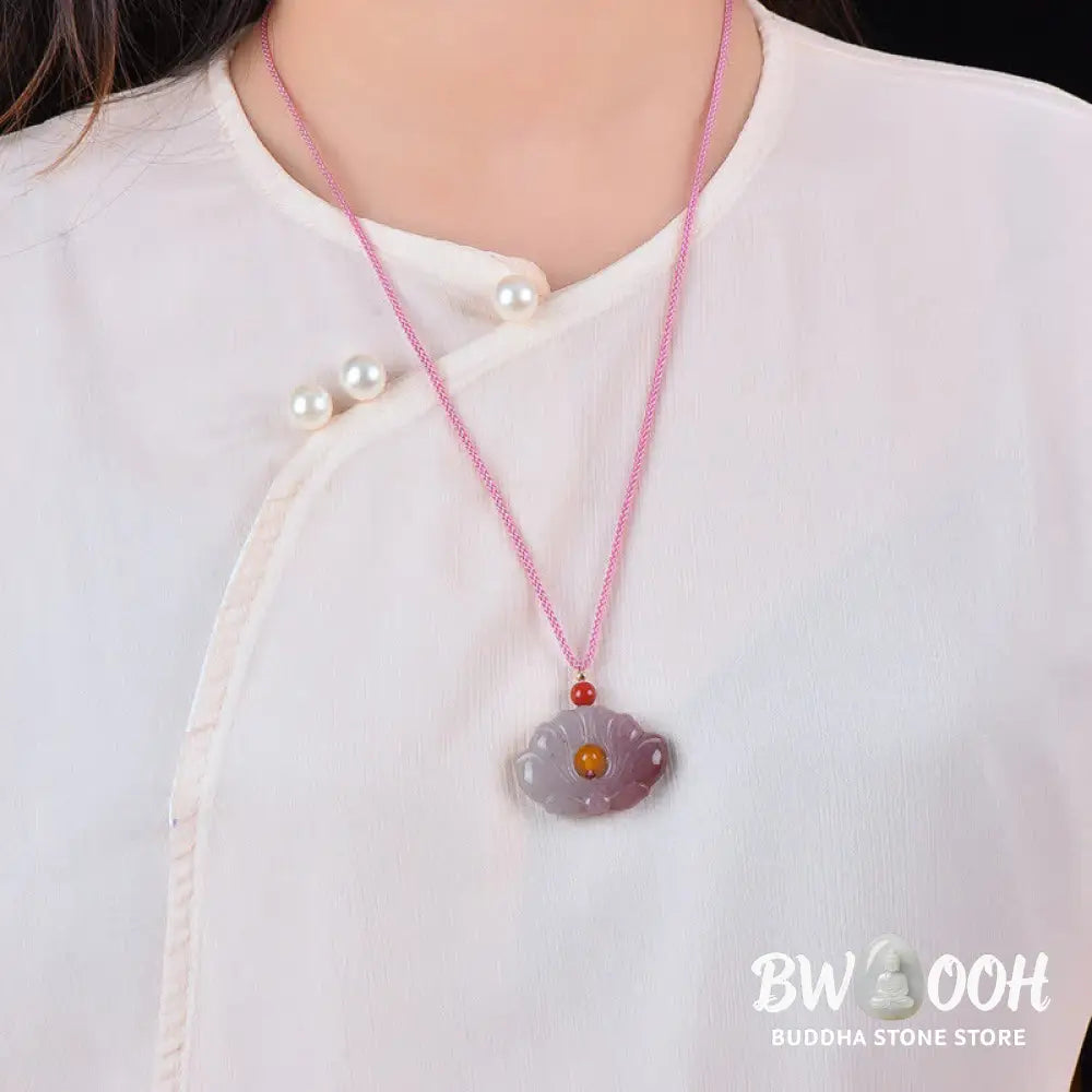 Buddha StonesPink Golden Silk Jade Lotus Flower Wealth Necklace Pendant - BWOOOH - Pink Golden Silk Jade - Necklaces &amp;