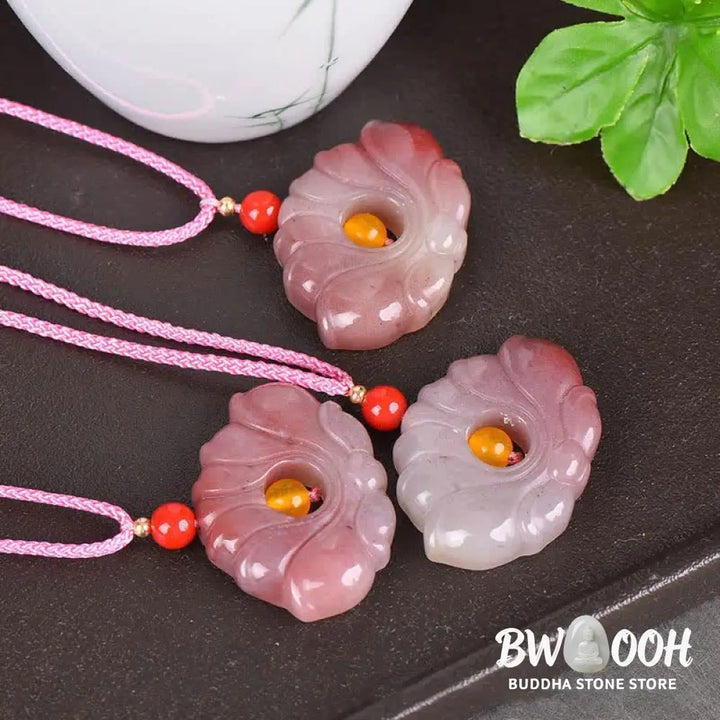 Buddha StonesPink Golden Silk Jade Lotus Flower Wealth Necklace Pendant - BWOOOH - Pink Golden Silk Jade - Necklaces &amp;