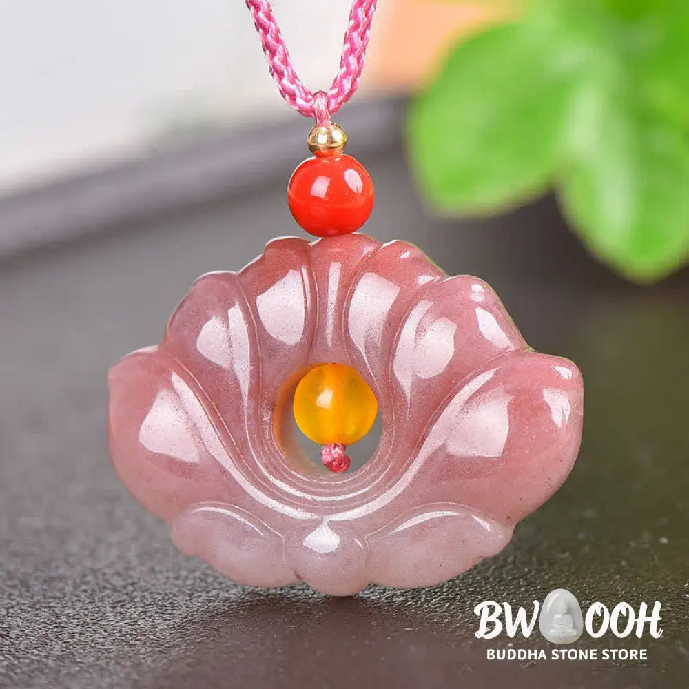 Buddha StonesPink Golden Silk Jade Lotus Flower Wealth Necklace Pendant - BWOOOH - Pink Golden Silk Jade - Necklaces &amp;