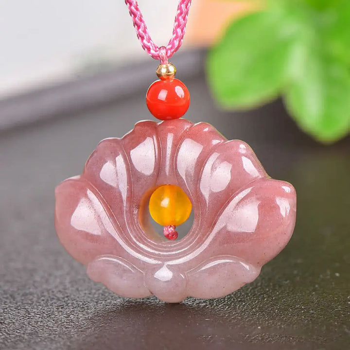 BWOOOH Pink Golden Silk Jade Lotus Flower Wealth Necklace Pendant 45cm