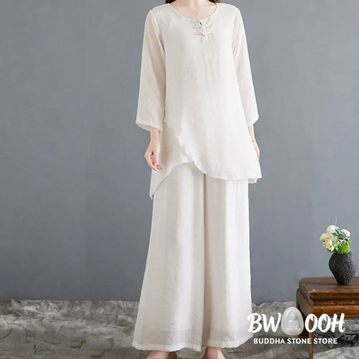 BWOOOH 2Pcs Beige Chinese Frog-Button Design Long Sleeve Shirt Top Pants Meditation Zen Tai Chi Cotton Linen Clothing