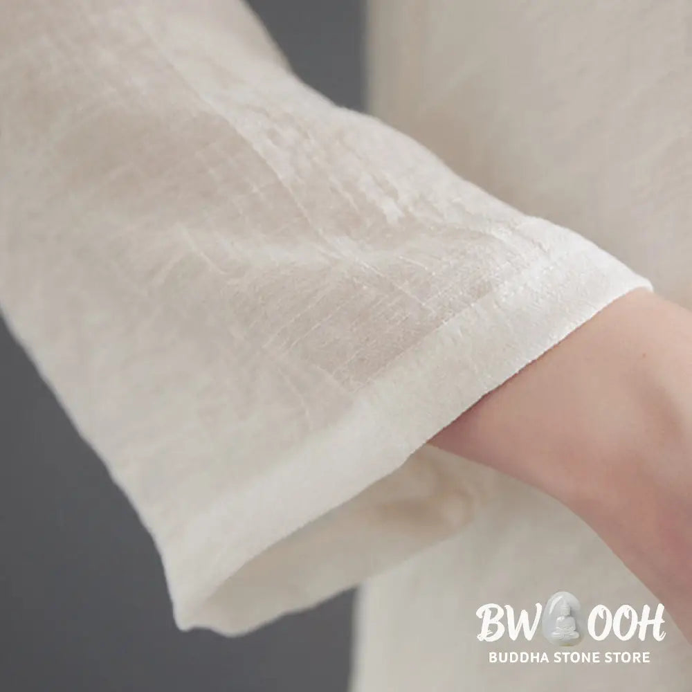 BWOOOH 2Pcs Beige Chinese Frog-Button Design Long Sleeve Shirt Top Pants Meditation Zen Tai Chi Cotton Linen Clothing